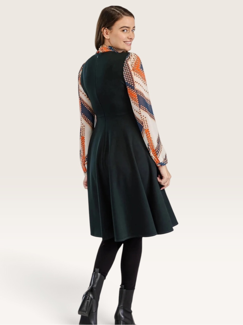 Tulip B Dark olive green Fit-and-Flare Dress with Orange Patterned Tie Medium - Picture 2 of 6